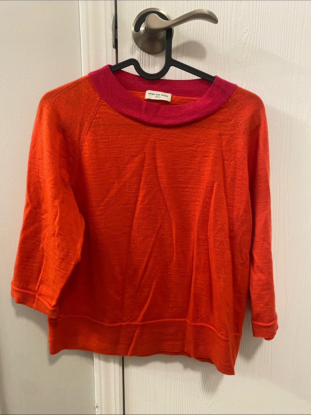 Dries Van Noten Orange Crewneck Sweater with Pink Collar